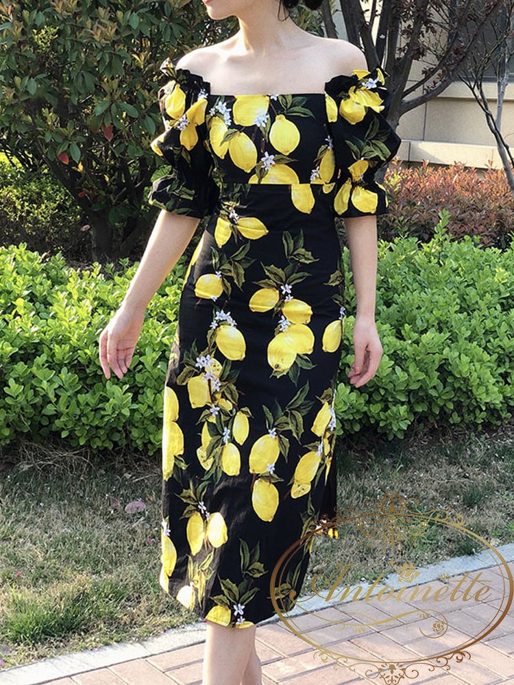 レモン柄ワンピース 夏 ブラック 大人 フラワー パフスリーブ Lemon One Piece Sexy Cute Antoinette レモン柄ワンピース 夏 ブラック 大人 フラワー パフスリーブ Lemon One Piece Sexy Cute Antoinette