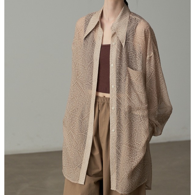 geometric pattern sheer over long-sleeve shirt L0604