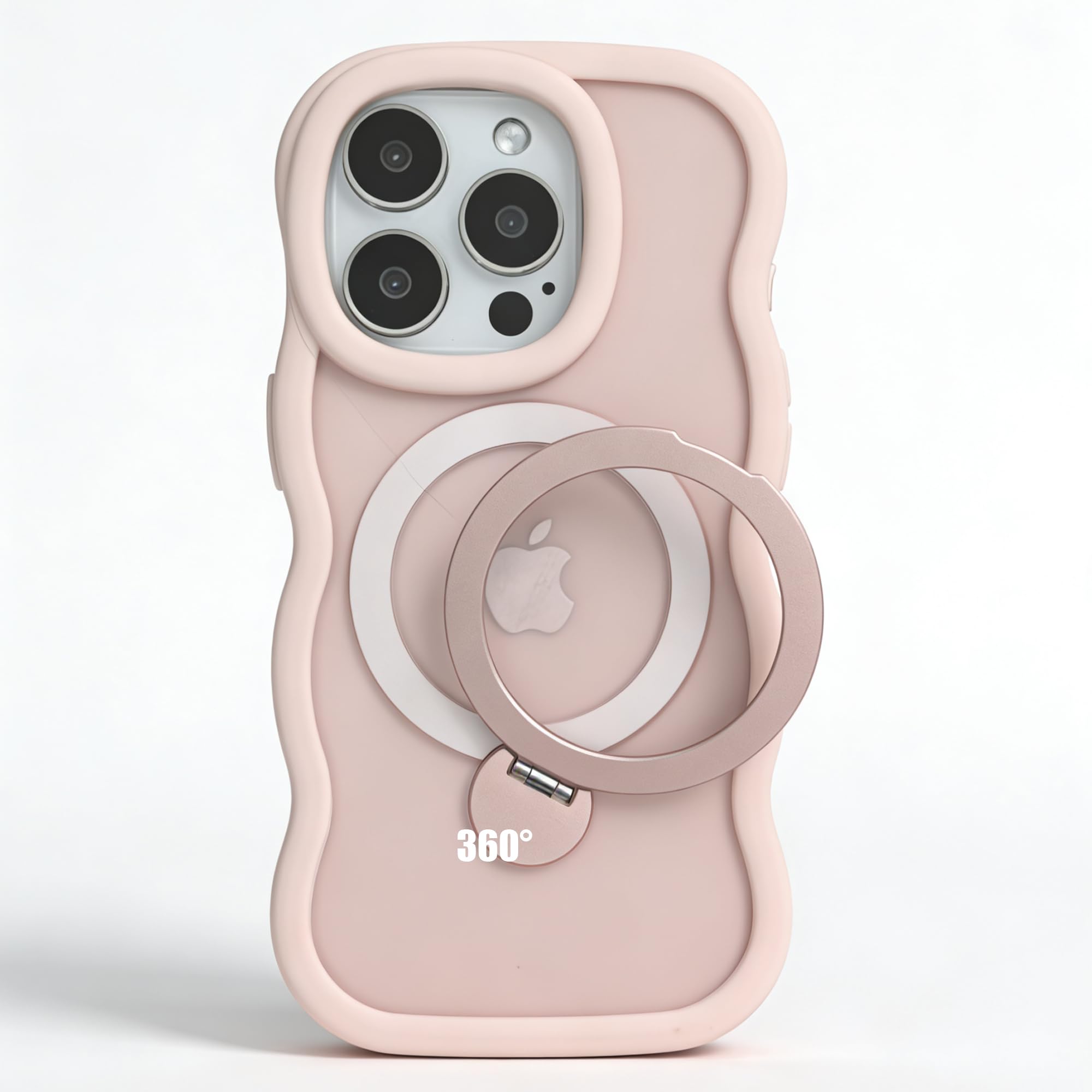 Kanyaku Iphone16e/17e用の ケース magsafe対応 超強磁力 TPU 韓国 可愛い ウェーブ ソフト 滑り止め 耐衝撃 半透明 マット感 おしゃれ スマホケース アイフォン16e 用 ケース 360°回転スタンド 縦横両対応 スマホケース iphone 17e 用 マグセーフ リング マグネット搭載 (LSXZ-16e-fen1