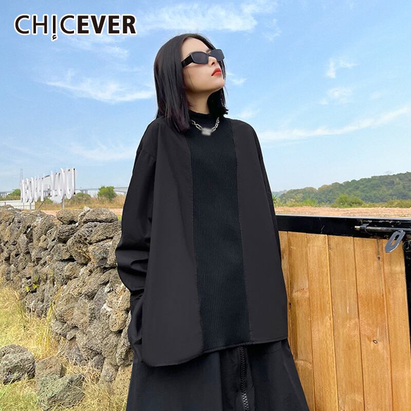 CHICEVERセーター女性スタンドカラー長袖パッチワークシャツヒットカラーニットプラスサイズブラックトップ2020 ロング 大きめサイズ 6base511927246513