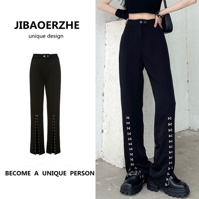 サマーワイドレッグパンツ スタンダードルーズカジュアルハイウェストウェストレースオーバーオール レトロ 夏物 ワイドパンツ ケッペル55789562988