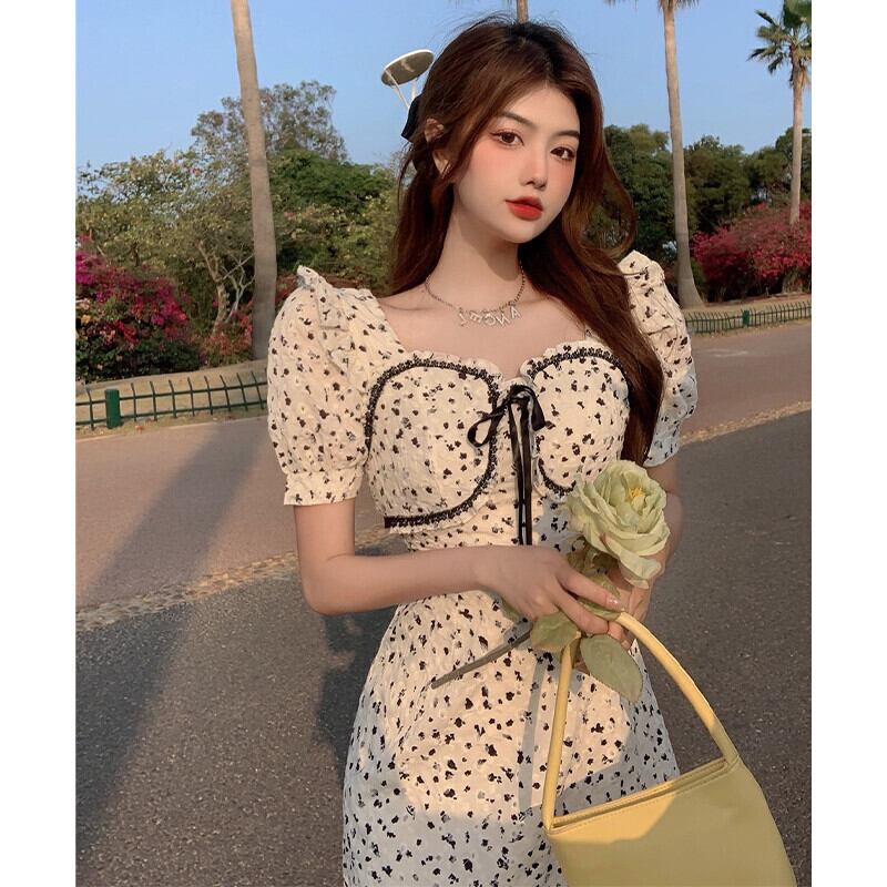 スタンダードカラーレースリボンドレス サマーハイウェストウェスト レトロ 夏物 スクウェア ガールズファッション31550012240