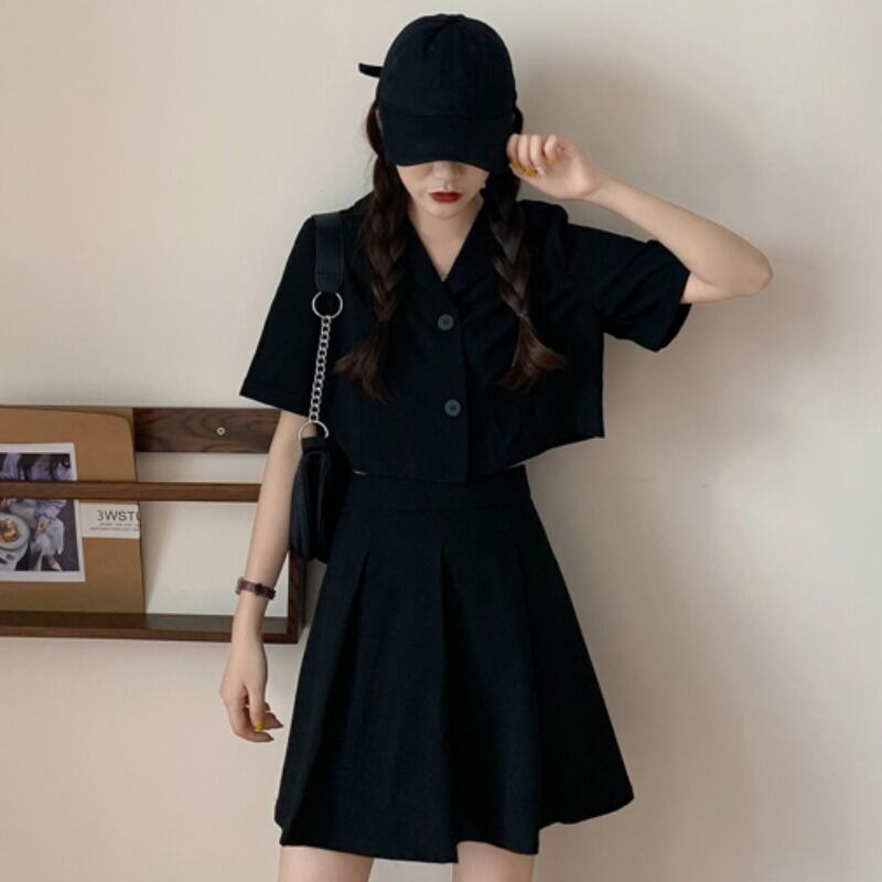 サマースタイルハイウェストウェストAラインプリーツスカート ブラックショートブラウス 夏物 YY-ファッション10671051073