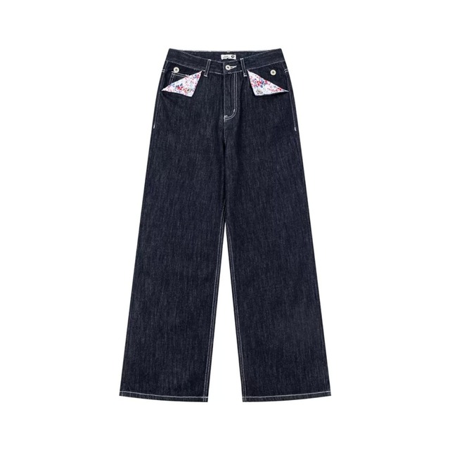 フラワーポケットシンチバックワイドラインデニムパンツ 3col R02590