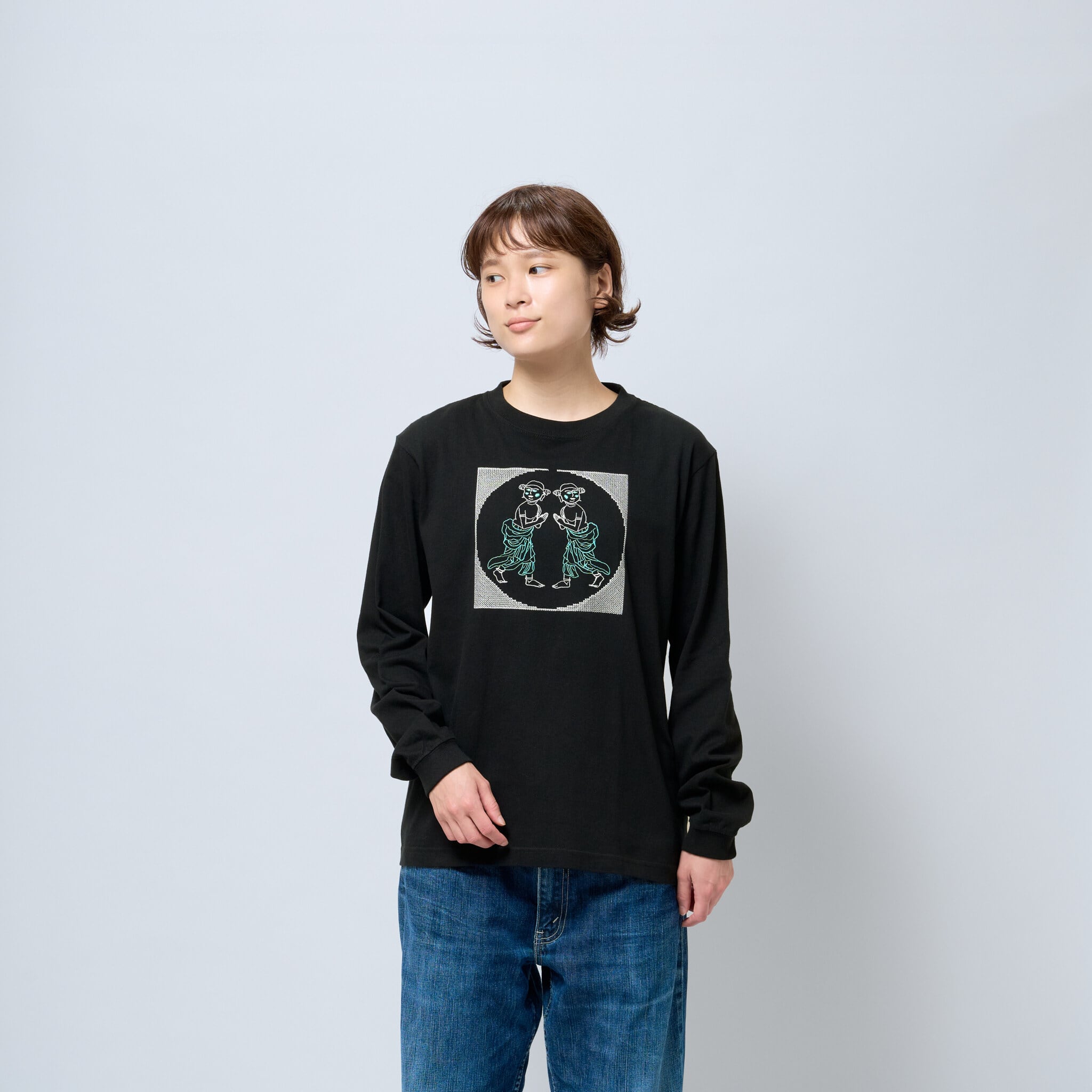 善財童子 仏像 ロングスリーブ Tシャツ (刺繍) 5.6oz ブラック