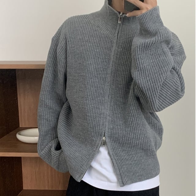 【予約販売】カーディガン ニット セーター ハイネック 無地 ジップアップ メンズ グレー オーバーサイズ こなれ感 ストリート お洒落 韓国 トレンド 秋冬 M/L/XL