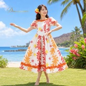 フラダンス 衣装 ワンピース ドレス ホワイト系 フリル パフスリーブ 花柄 ティアレ柄 かわいい 華やか 鮮やか 明るい 白 橙 黄 ハワイアン アロハ ハワイアンプリント フラ ダンス レッスン 練習 オレンジ系 ピンク系 イエロー系 フリルワンピース