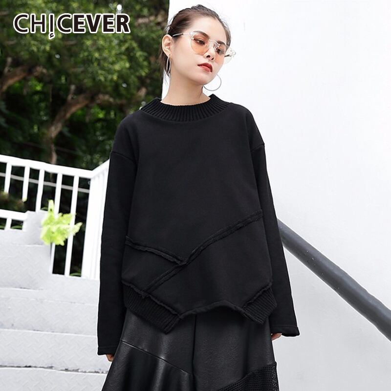 CHICEVERブラックスウェットシャツレディースOネック長袖シャーリング非対称裾特大ルーススウェットシャツ2020タイド ロング 6base56039928748