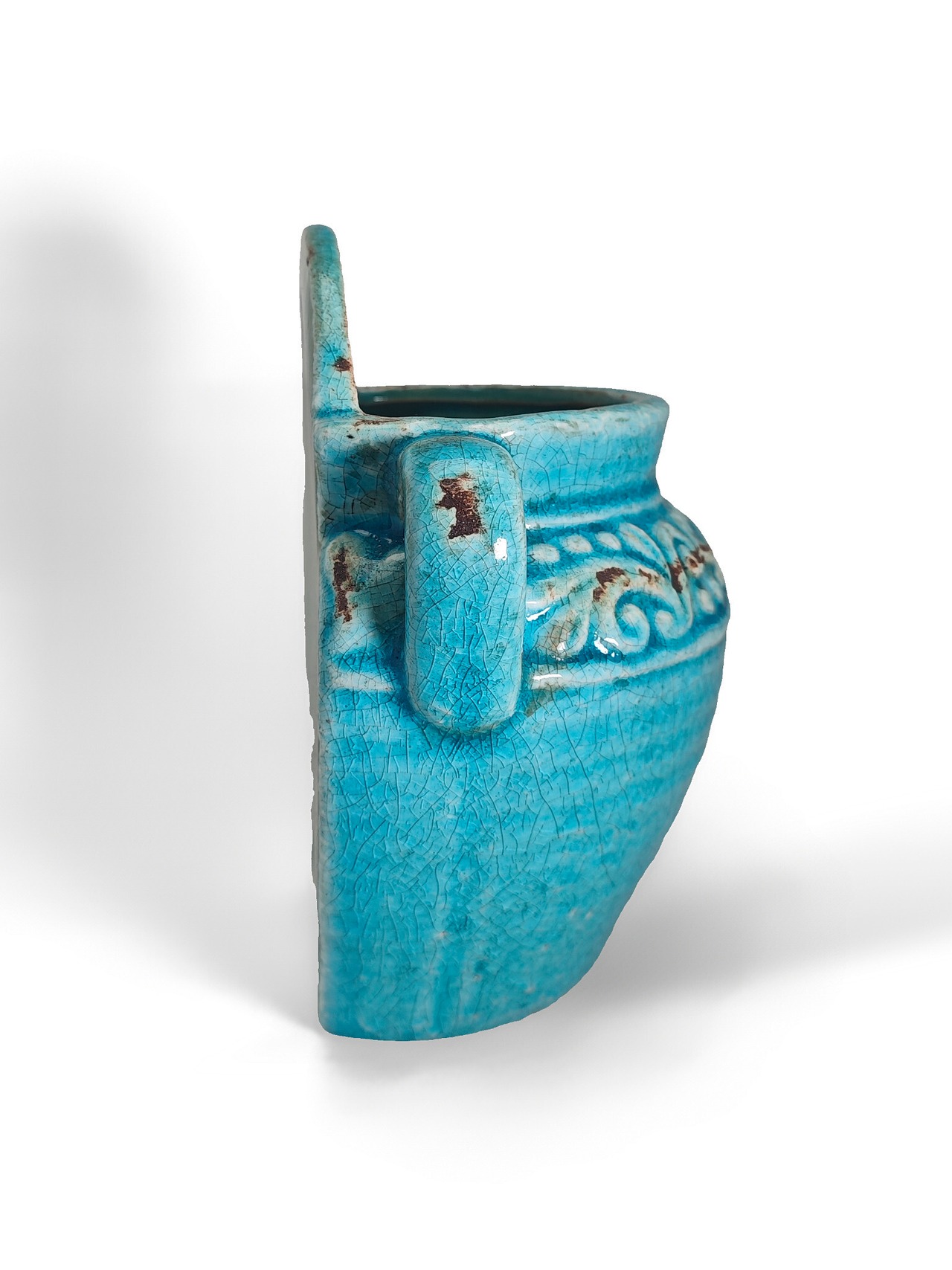 ヴィンテージ雑貨 陶器製 プランター ターコイズブルー（壁掛けタイプ）