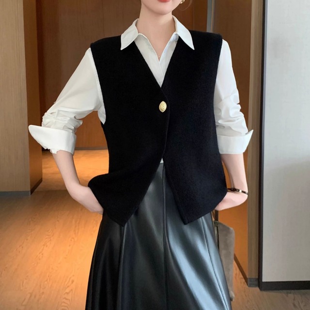 ボタンフロント ミドル丈 Vネック ベスト　YH10002