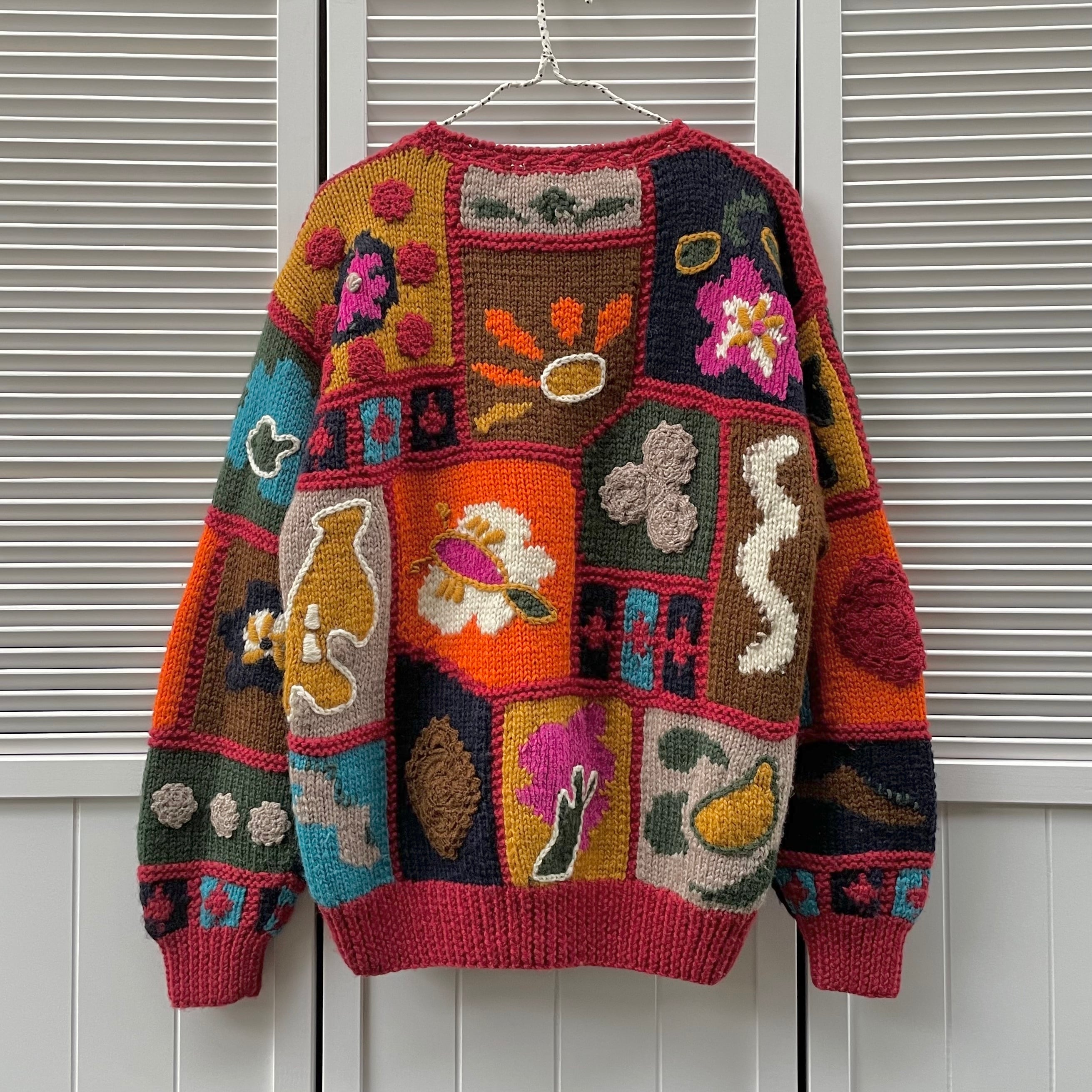 hand knit patchwork design sweater 〈レトロ古着 ハンドニット