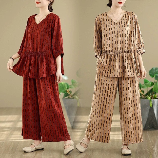 WAVY STRIPE V-NECK PULLOVER SHIRT & WIDE LEG PANTS SET 2pieces 3colors M-16492