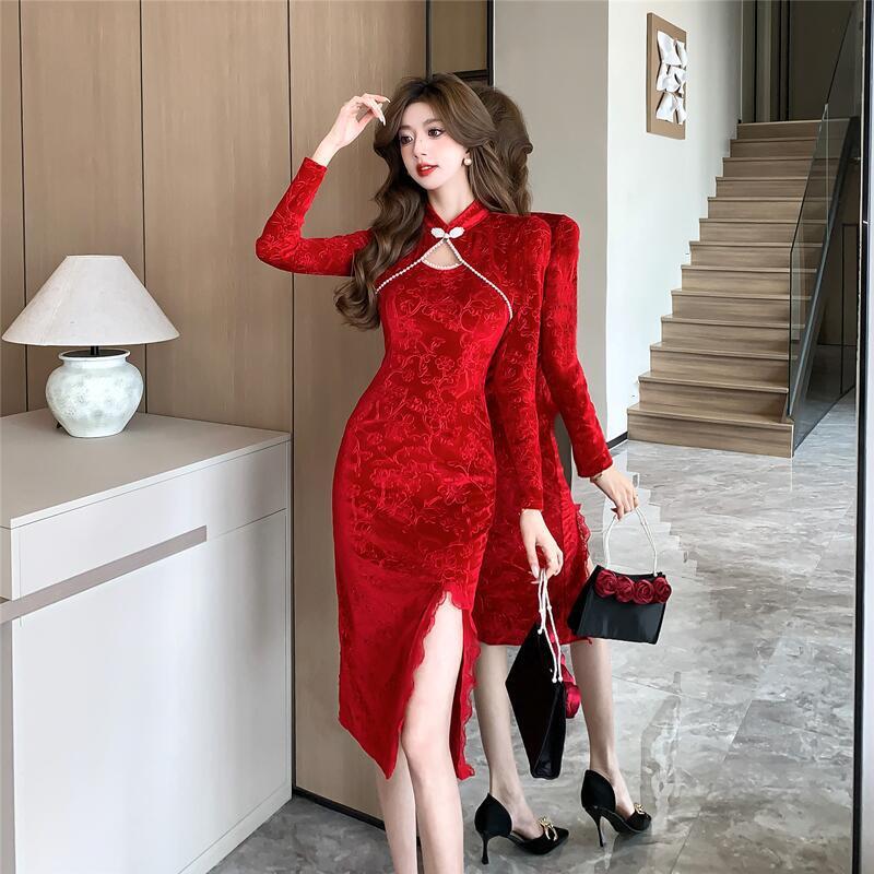 【新作】【送料無料】 2024 新しい国民ファッション若い女の子のための新年の摩耗レトロレース改良されたチャイナドレスベルベットドレス 7880 0167197151103