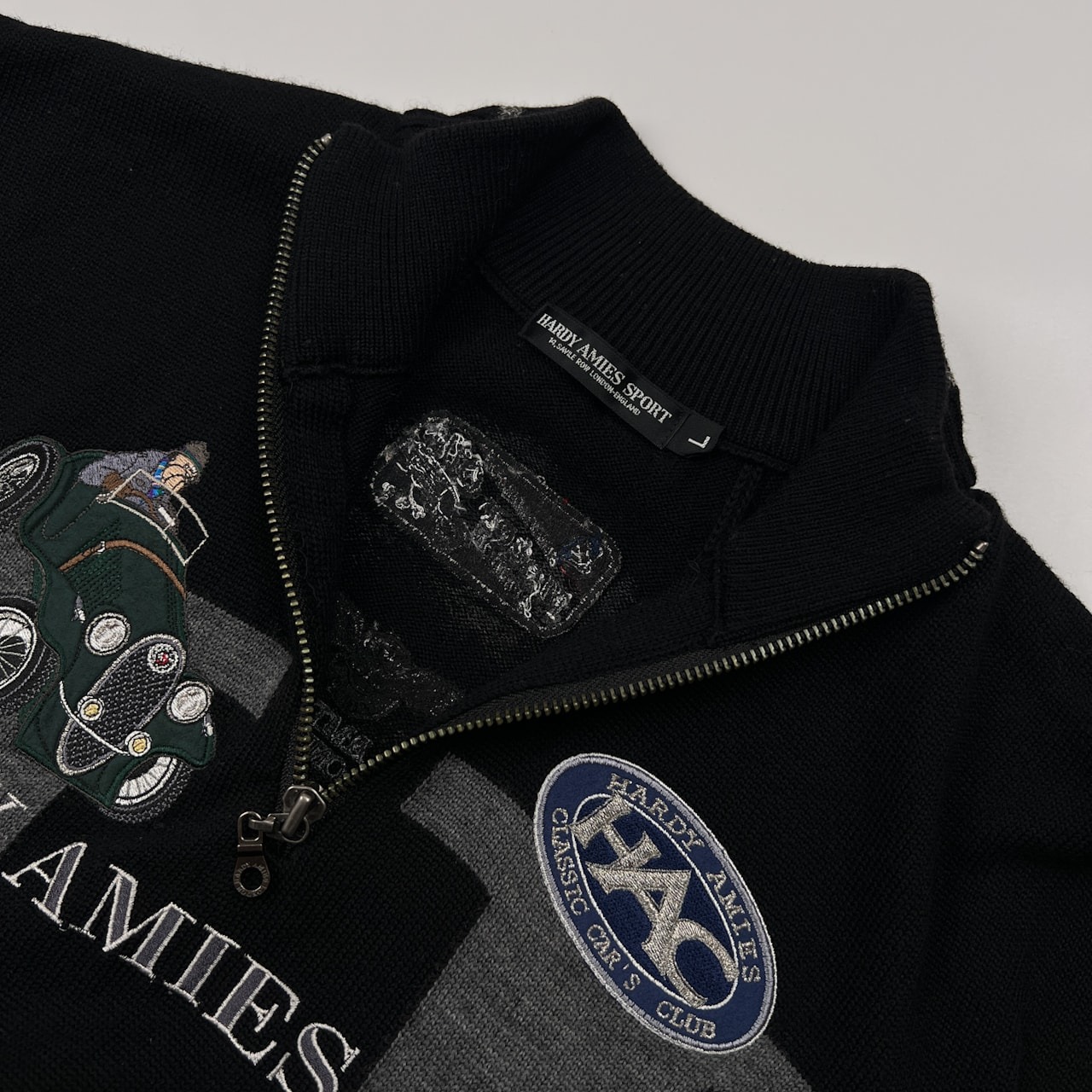 HARDY AMIES SPORT ハーディエイミス 豪華柄 ハーフジップ ウールニットセーター サイズ L /メンズ/ブラック×グレー/ツートン/日本製
