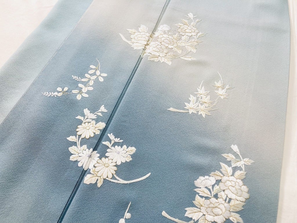 未使用 総刺繍 手刺繍 訪問着 花柄 金糸 水色 ブルー 白 863 | kimono