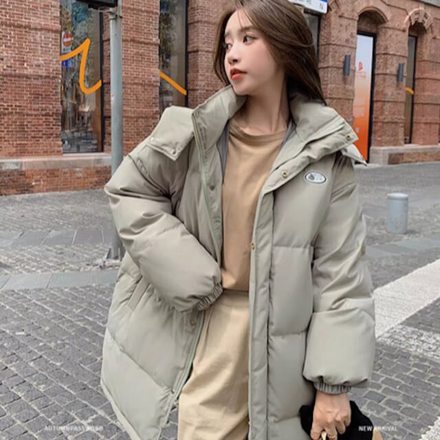 ダウン レディース アウター フード付き かわいい おしゃれ こなれ感 あたたかい 防寒 冬 レジャー お出かけ カジュアル グレーグリーン/ホワイト Lサイズ