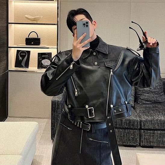 予約販売】メンズ セットアップ 上下 長袖 デニム 異素材 レザー