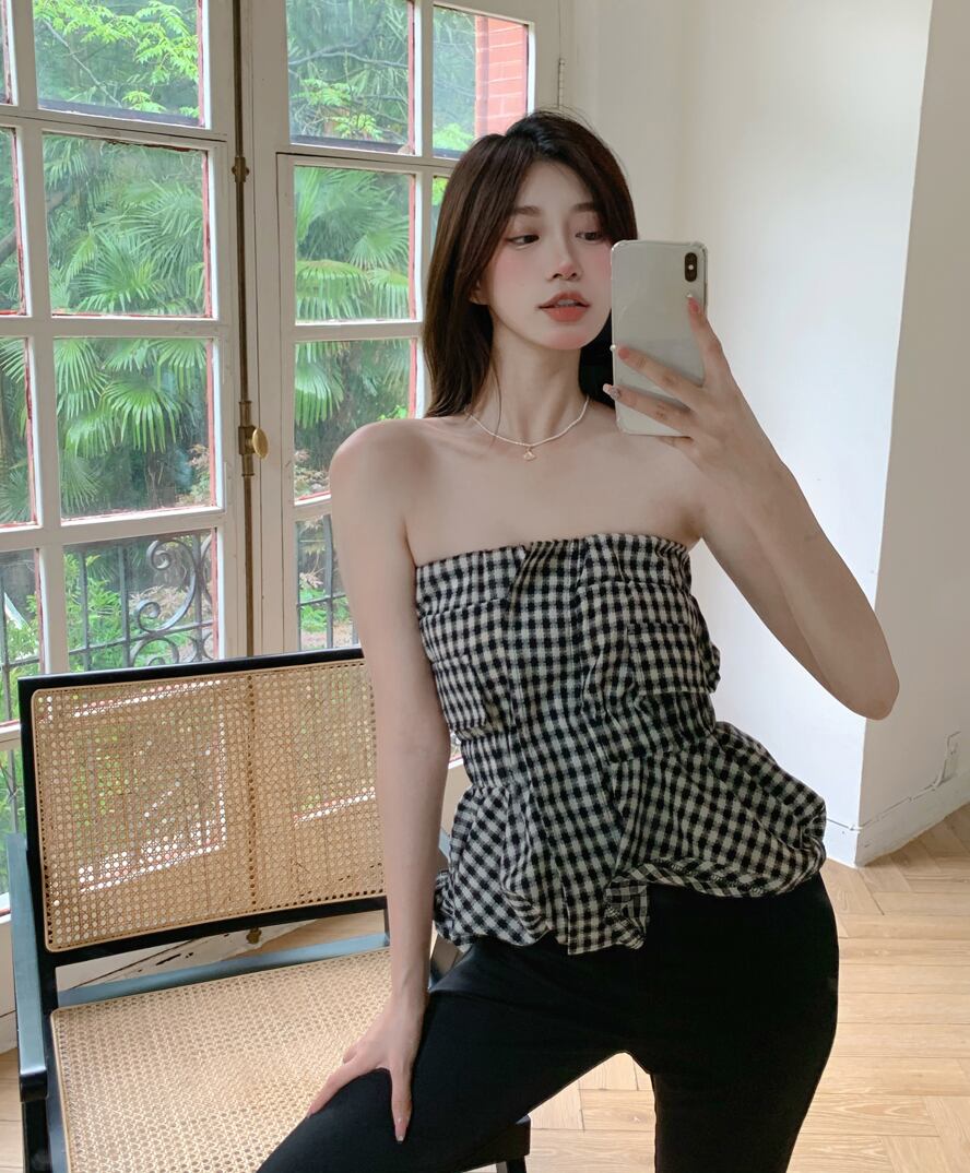 ストラップレス格子柄サマートップス ショートジャケット 夏物 ブラックストロベリース79990952955