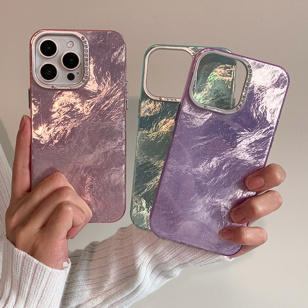 箔紙みたいで美しい◎妖艶オーロラ 高級感 iPhone16シリーズ ケース カメラ保護 メタルフレーム ラインストーン スマホケース ND-15548