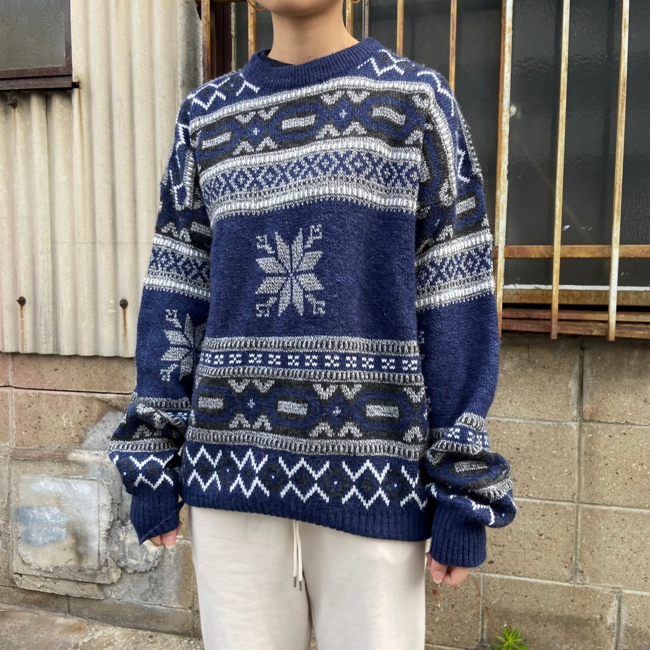 イタリア製 John Ashford 総柄 ノルディック柄 アクリル ウール ニットセーター メンズxl レディース2xl 古着 ネイビー 紺 ニットセーター Ws21 2 Cave 古着屋 公式 古着通販サイト