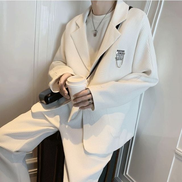 予約販売】メンズ スーツ 男前 ワッフル こなれ感 チェーン ホワイト