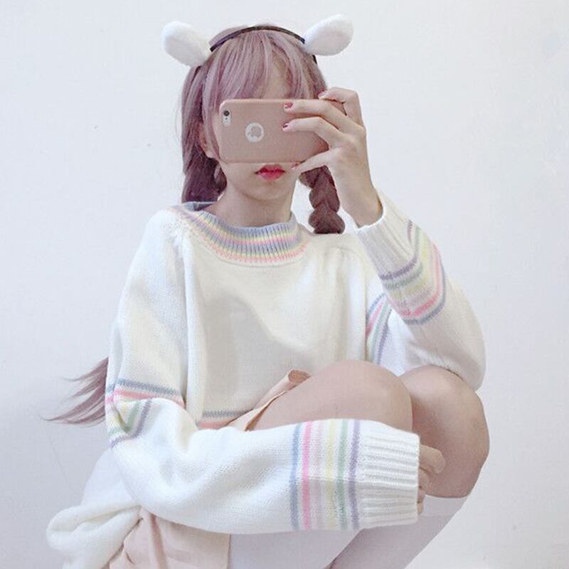 レインボーキャンディーカラーセーターレディース秋冬ウェアストライプラウンドネックルーズプルオーバーセーターシックトップトレンド 萌量不足28414866896