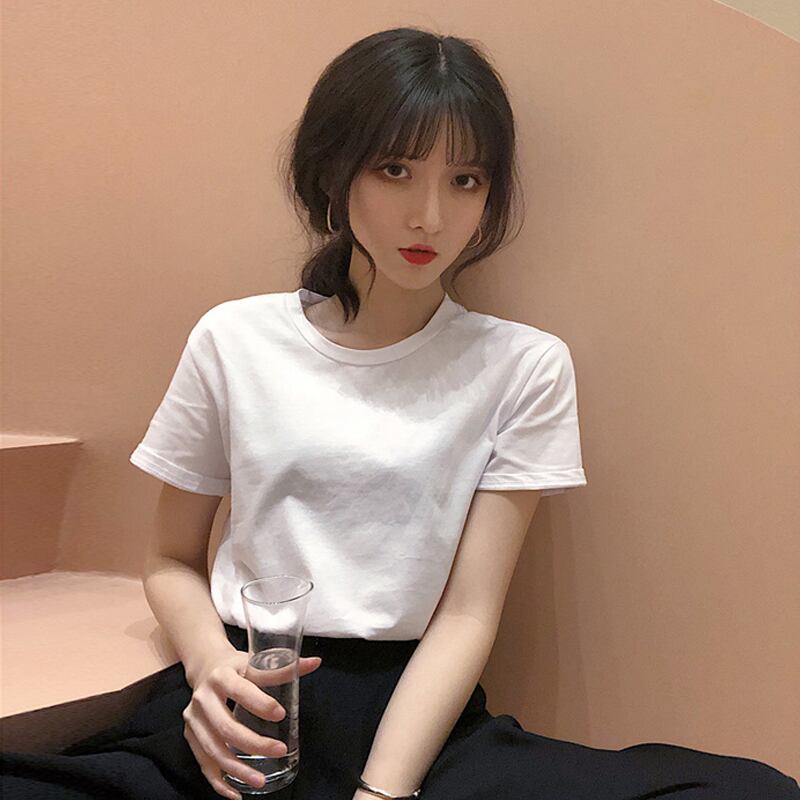 ラウンドネックシャツ サマーベーシックスタイルホワイトTシャツ レディース 夏物 Oネック 試着室87478578402