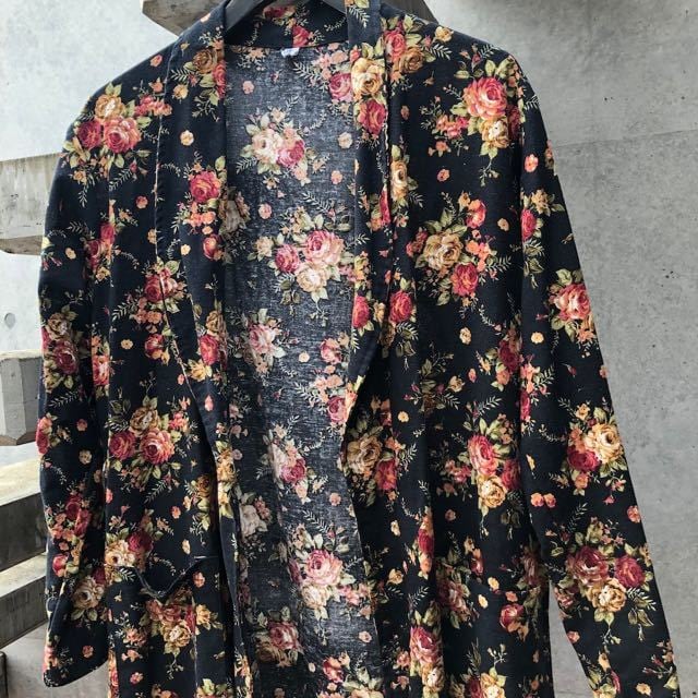 Vintage floral gown ヴィンテージ花柄ガウン 羽織コート BLK /1800052