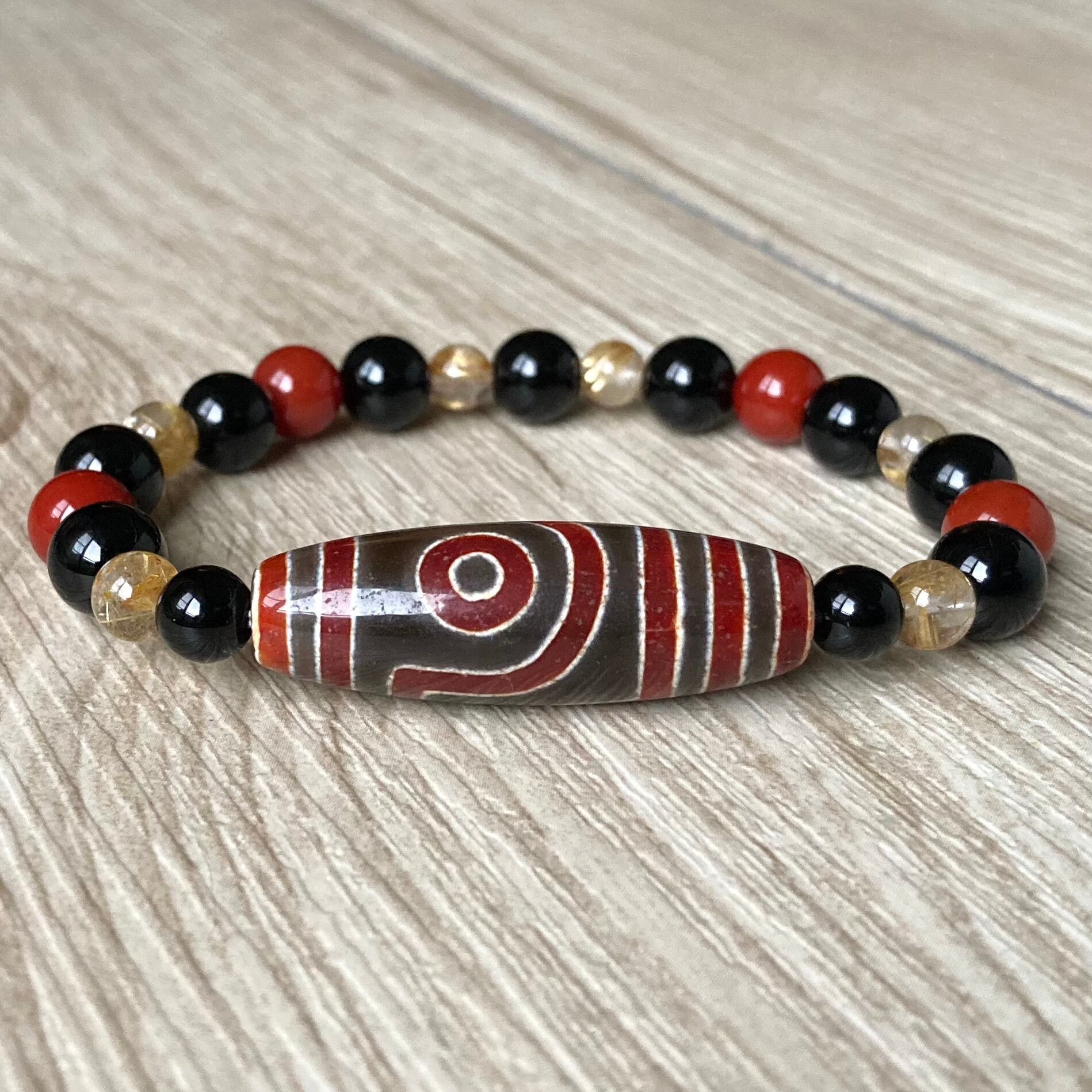 二眼天珠と天然石ブレスレット　チベット天珠　ルチルクォーツ　ローズクォーツ 二眼天珠と天然石ブレスレット チベット天珠 ルチルクォーツ