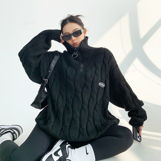 ★予約★D-458　2025秋新作♡MAOQIAOYIワッペンハーフジップケーブルニット　ブラック