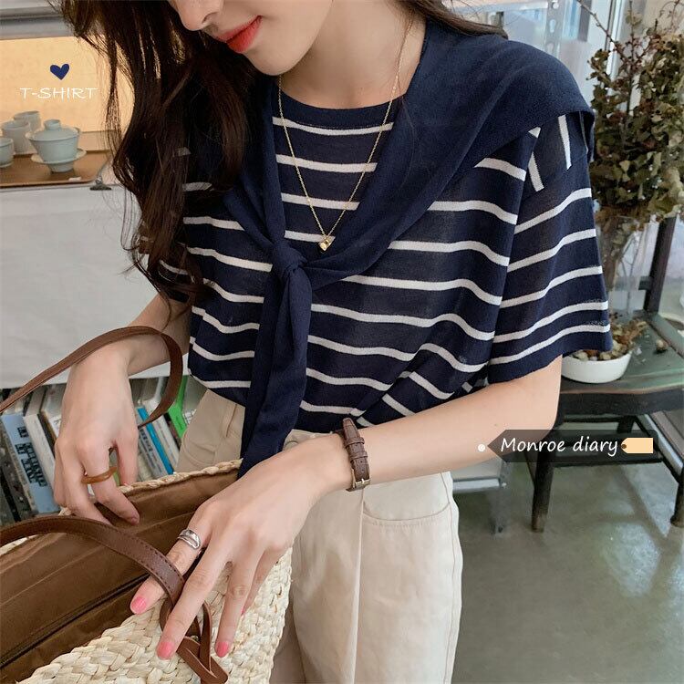 スタイルストライプセーター 薄手シャツ サマールーズトップス 夏物 モンロー16310107940
