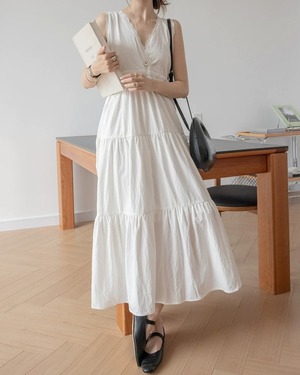 V-neck tiered sleeveless long One-piece L0253