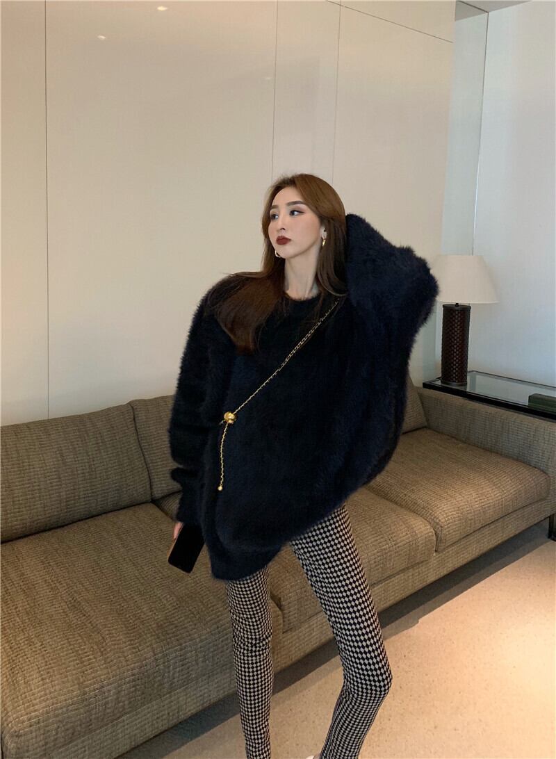 セーター ブラックルーズニットオータムウィンタースタンダードトップス レトロ 秋物 冬物 ブラックストロベリース35602006564