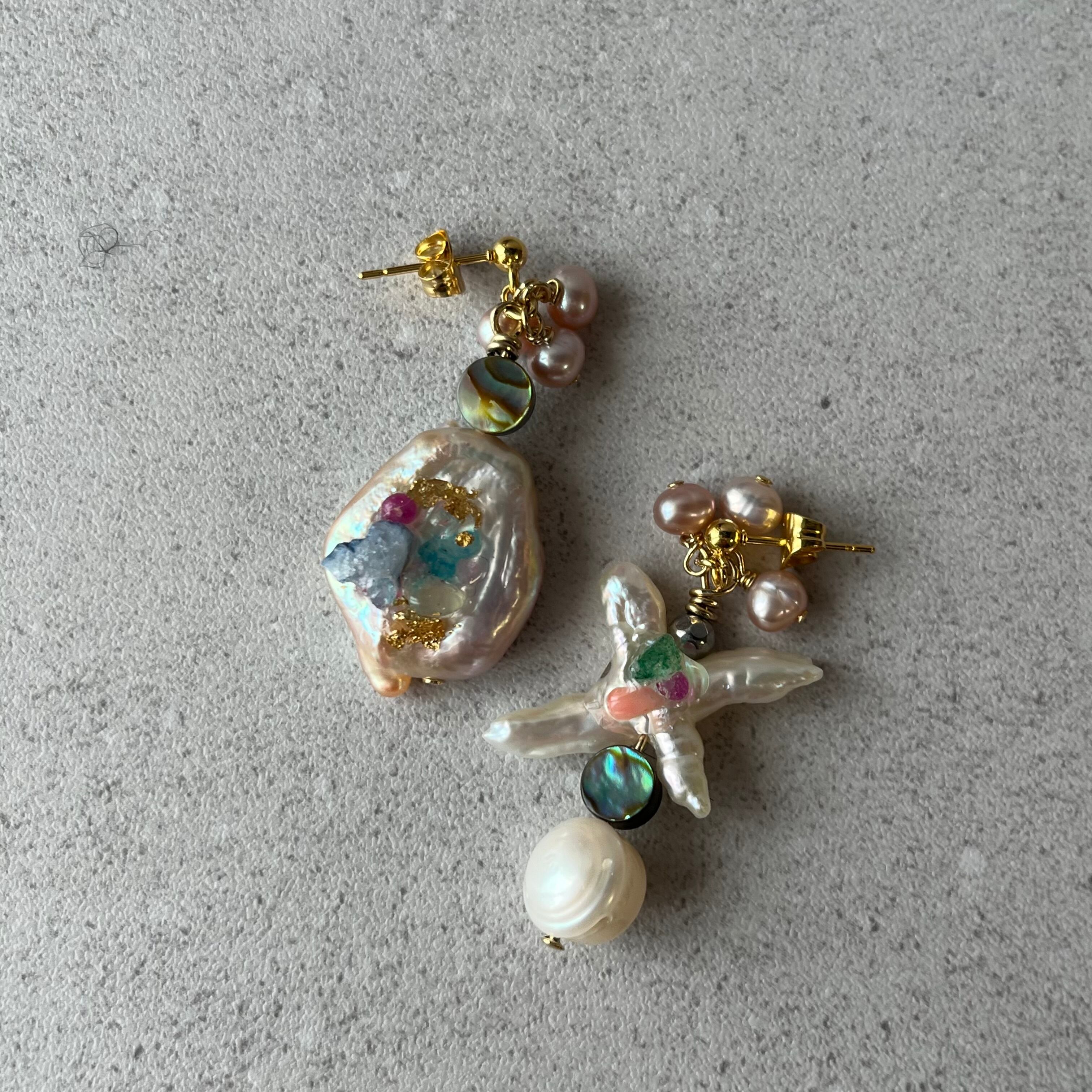 1点のみ✧︎ローマングラス×ペリル アシメピアス ローマングラスのアシンメトリーピアス(イヤリング) | Emizoku by Eg