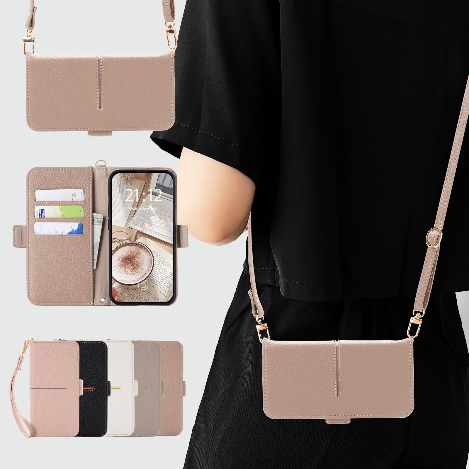 Satomirai For iPhone 15 ケース 手帳型 iPhone 15 ケース おしゃれ 女性 アイフォン15 かわいい 財布型 スマホケース あいふぉん15 人気 ストラップ マグネット式 カード収納 スタンド機能 耐衝撃 小銭入れ レディース シンプル レトロ ショルダー (ベージュ メ ピンク)