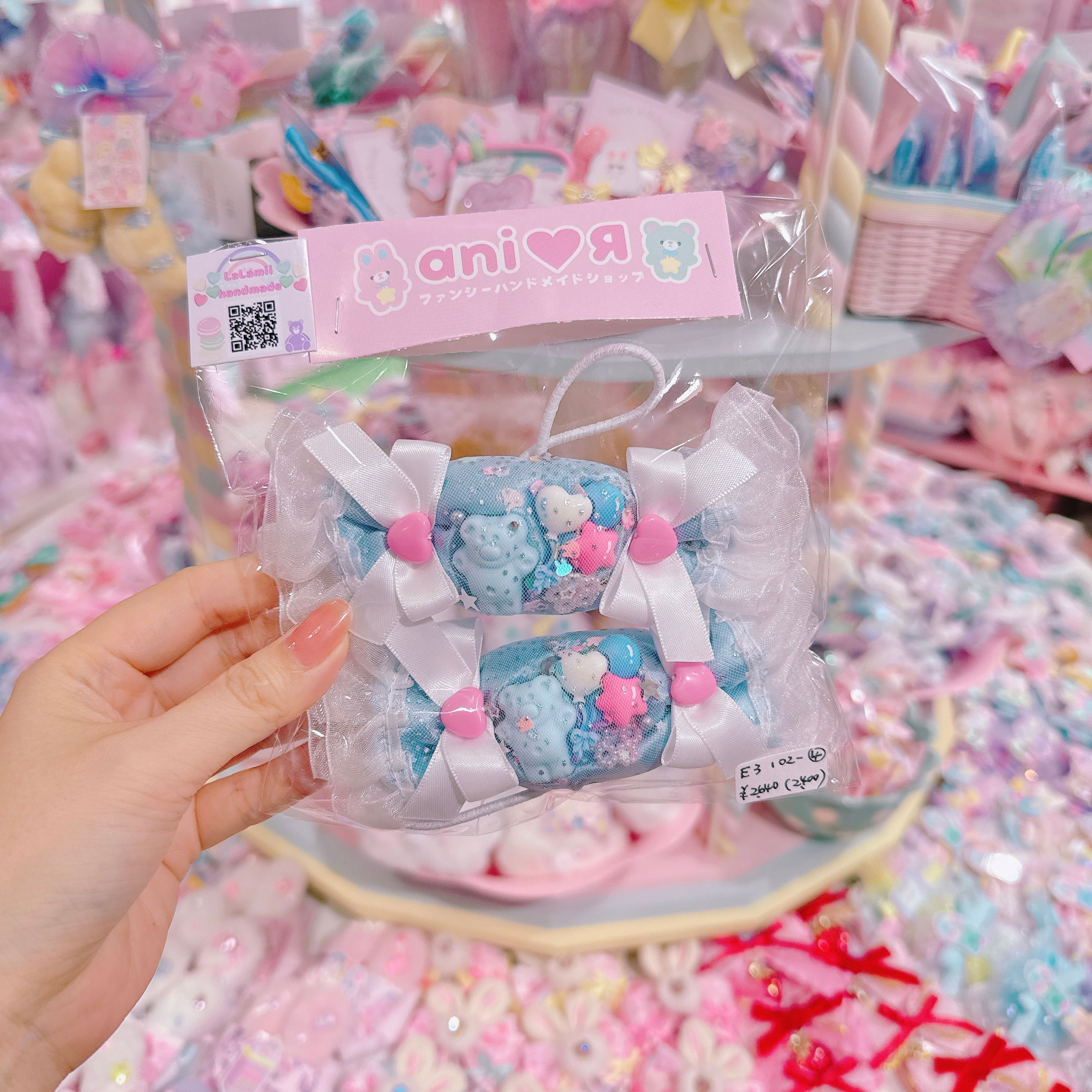 【E3】102-4サテンBig candyリボンツインヘアゴム