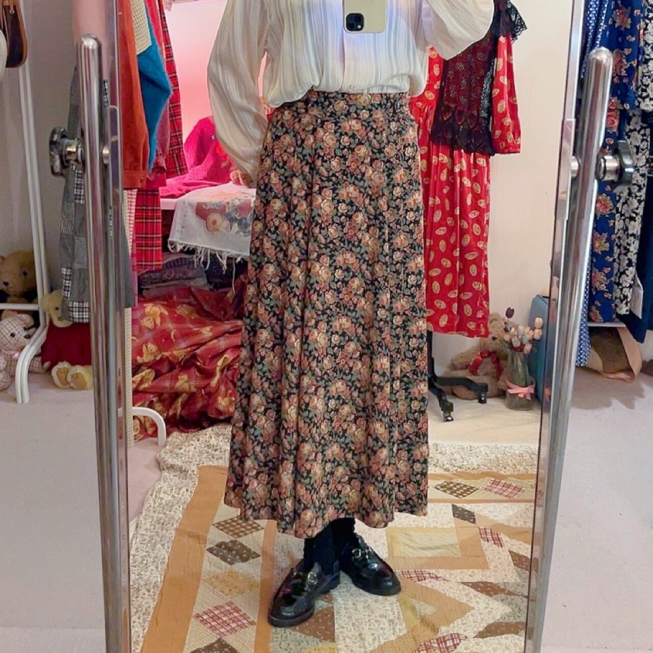 waist ribbon rose tuck flare skirt