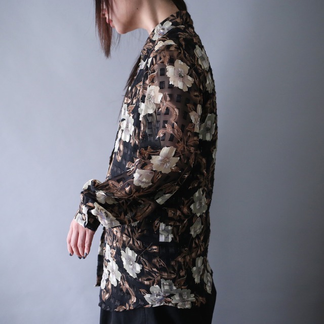 loose silhouette panel motif see-through flower design shirt