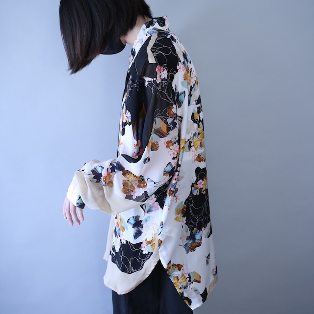 '"和" motif special flower art pattern fly-front see-through shirt