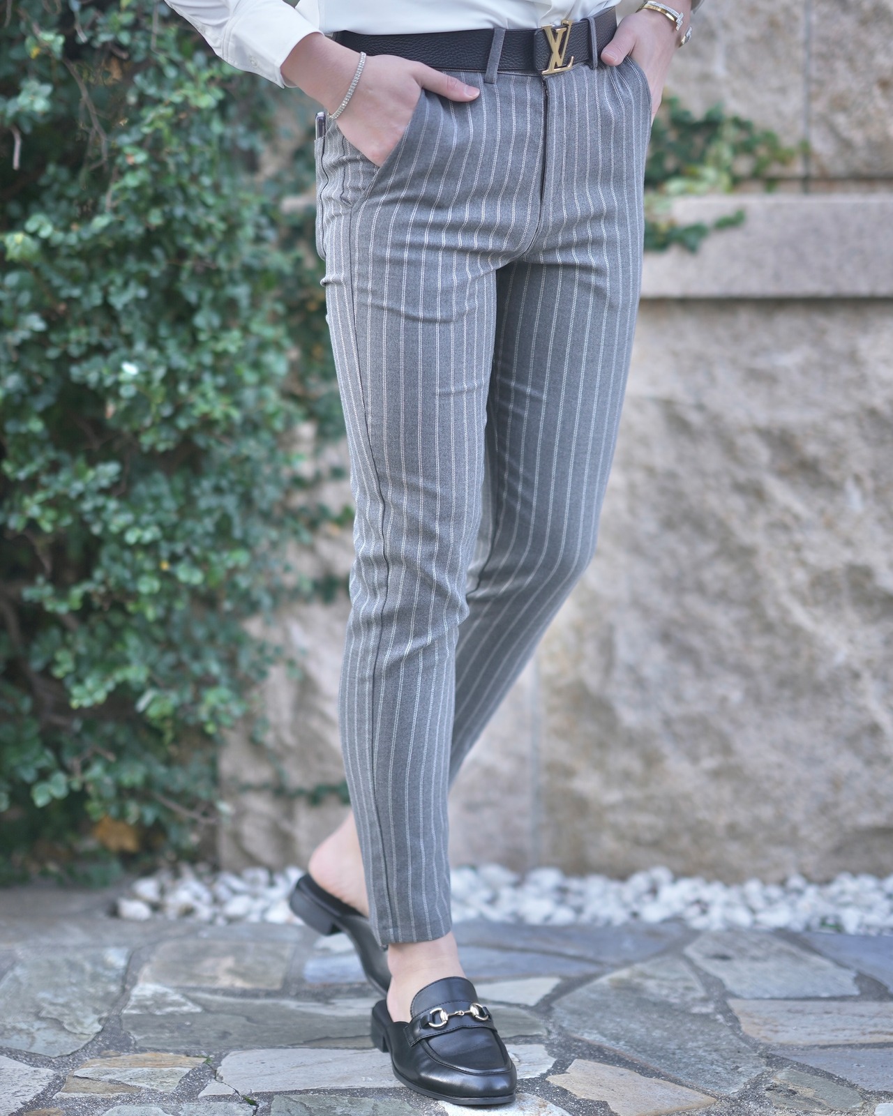 Premium stripe slacks gray【BB24013】