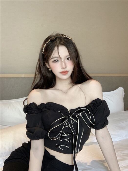 シャツ スリーブショートブラックサマーリボントップス 夏物 ブラックストロベリース20647360789