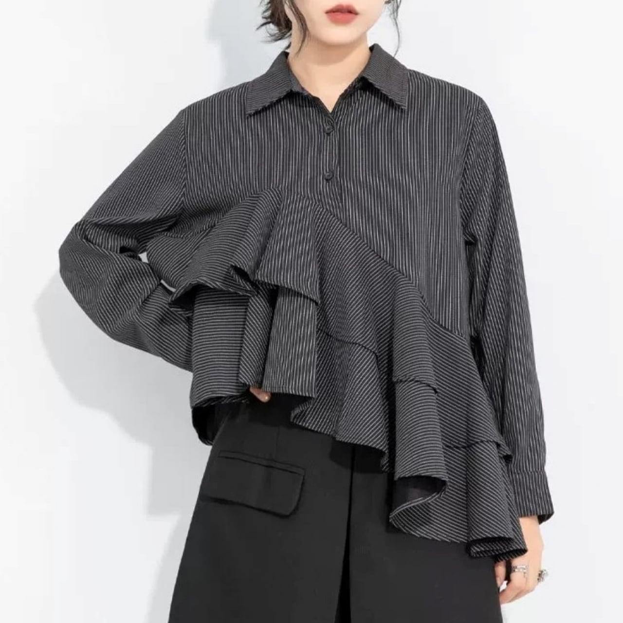 Pinstripe Asymmetric Ruffle Blouse 01502