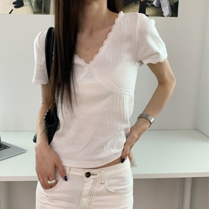 Lace Trimming Vneck  Tshirts 2col W00239