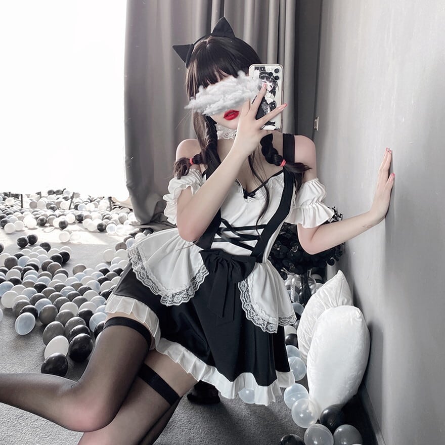 メイド服 ミニ丈 4点セット ワンピ カチューシャ チョーカー 付け袖