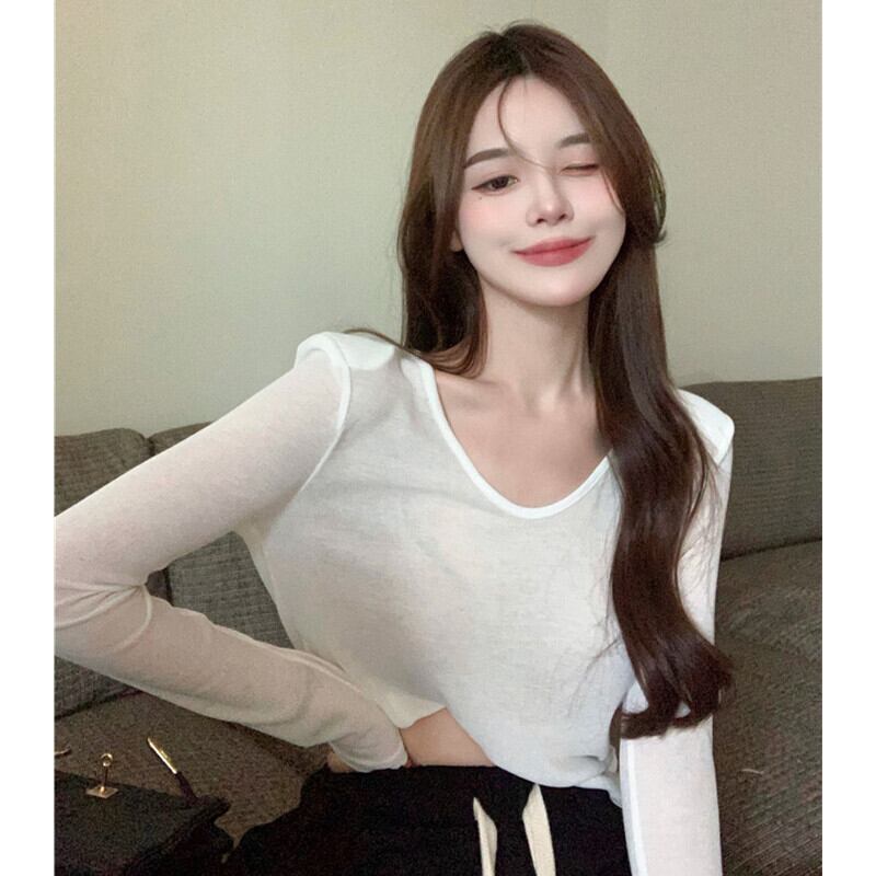 カラーTシャツ シャツ オータムVネックカジュアルトップス ロング 秋物 ガールズファッション69809238379