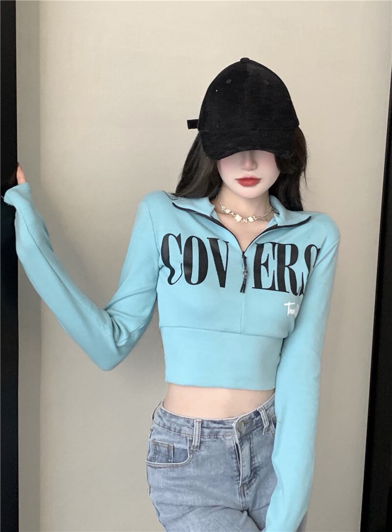 Tシャツ シャツ ショートジッパースリムブルートップス ロング ウィンター 冬物 ブラックストロベリース19510277967