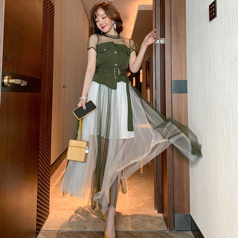 レーススタンドカラーカラーウェストトップス メッシュスカート スプリング 春物 ステッチ MIUCO99922396987