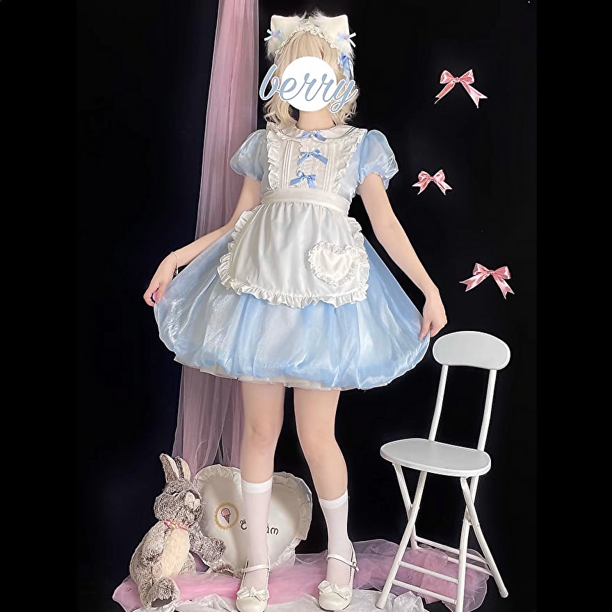 メイド服 チャイナ服 半袖 エプロン ふわふわ スカート ガーリー 甘め