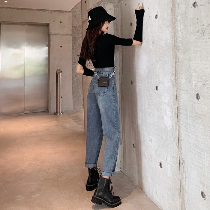 オータムスタンダードハイウェストジーンズ ルーズ薄手 レトロ 秋物 ガールズファッション74652210403