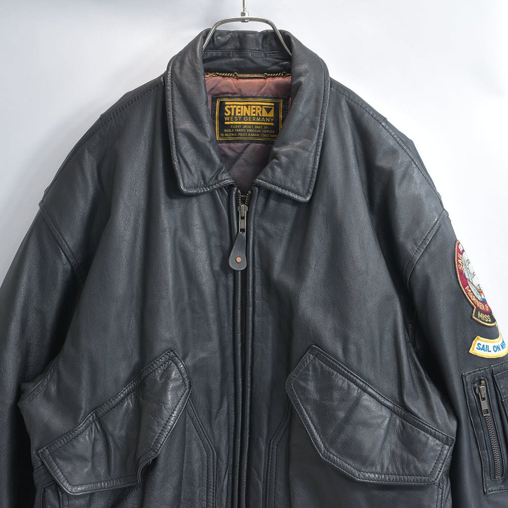 80s~ Steinerシュタイナー ブラックレザー ボンバージャケット フライトジャケット MA-1 CWU45Pタイプ パッチカスタム 本革 黒 ユーロヴィンテージ ビンテージ ヨーロッパ古着 メンズLサイズ